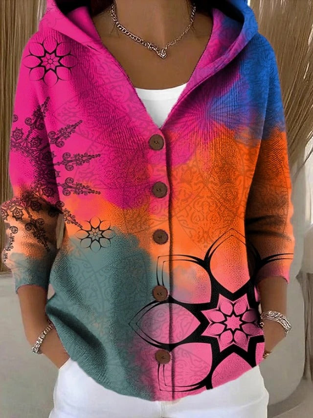 Women's multicoloured abstract hooded cardigan with long sleeves and button front
