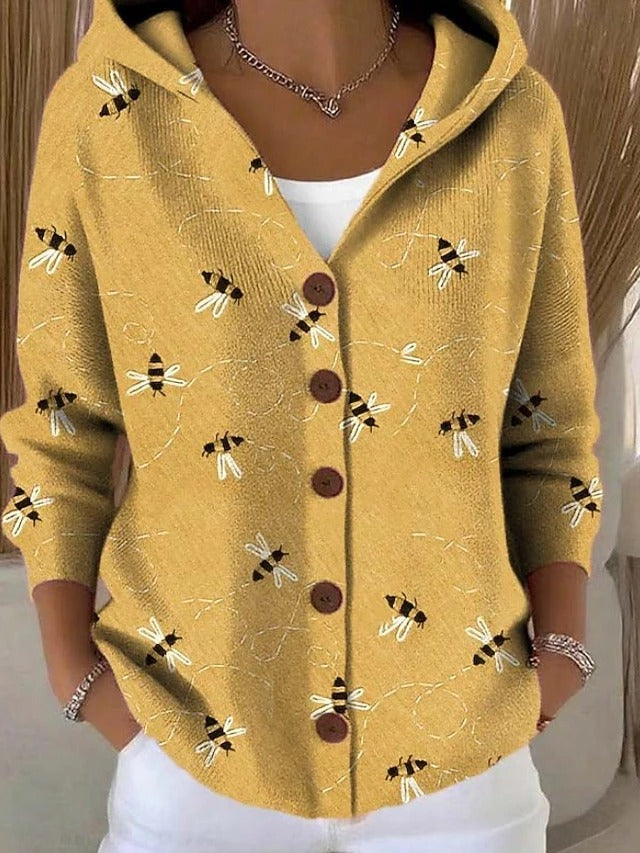 Women's multicoloured abstract hooded cardigan with long sleeves and button front