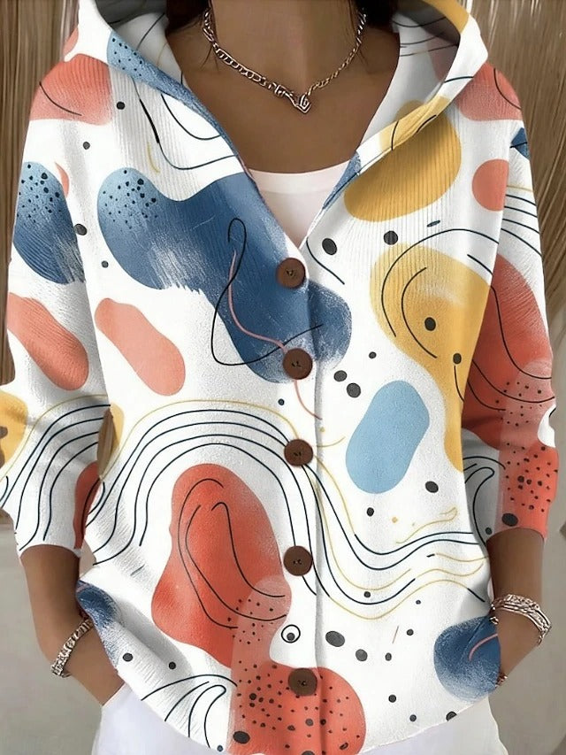 Women's multicoloured abstract hooded cardigan with long sleeves and button front