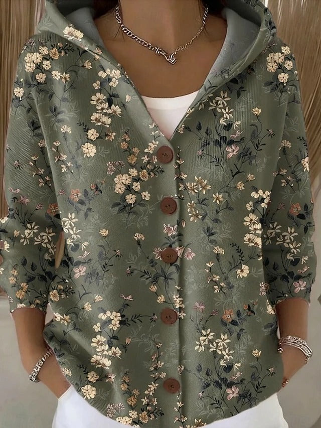Women's multicoloured abstract hooded cardigan with long sleeves and button front