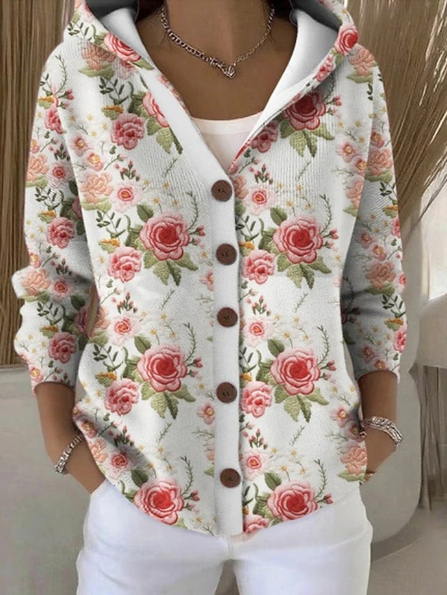 Women's multicoloured abstract hooded cardigan with long sleeves and button front