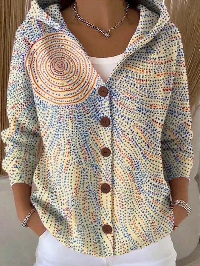 Women's multicoloured abstract hooded cardigan with long sleeves and button front