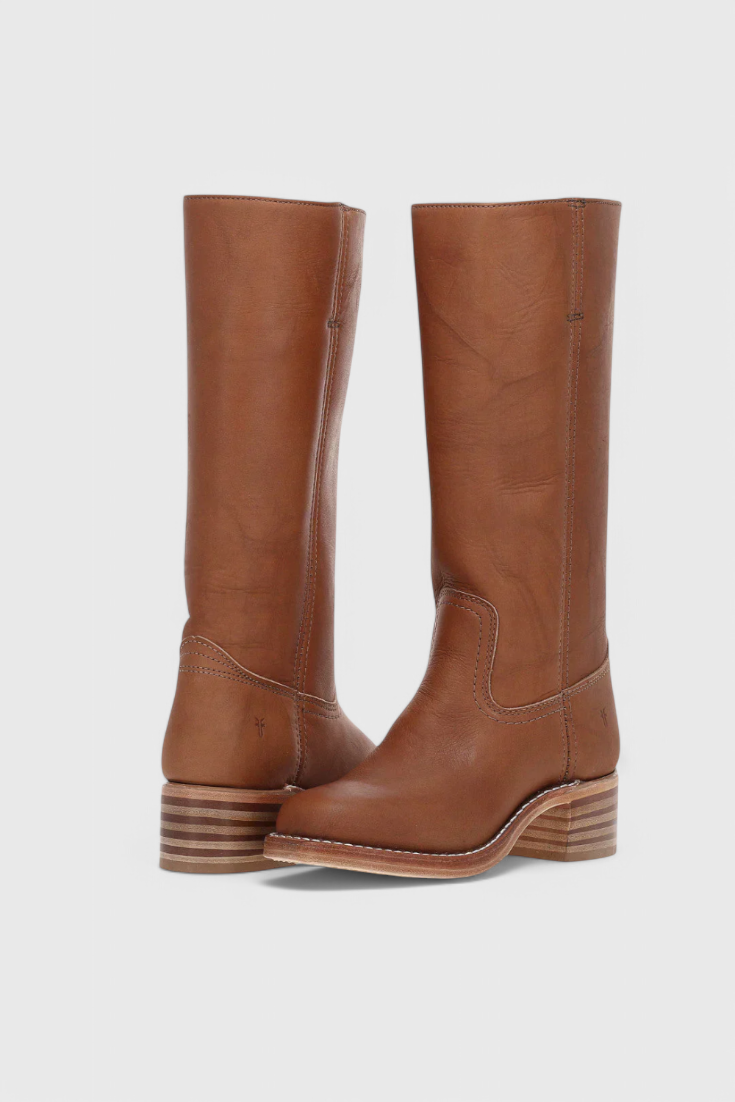 Women's knee-high slip-on boots with block heel, shown in brown and black