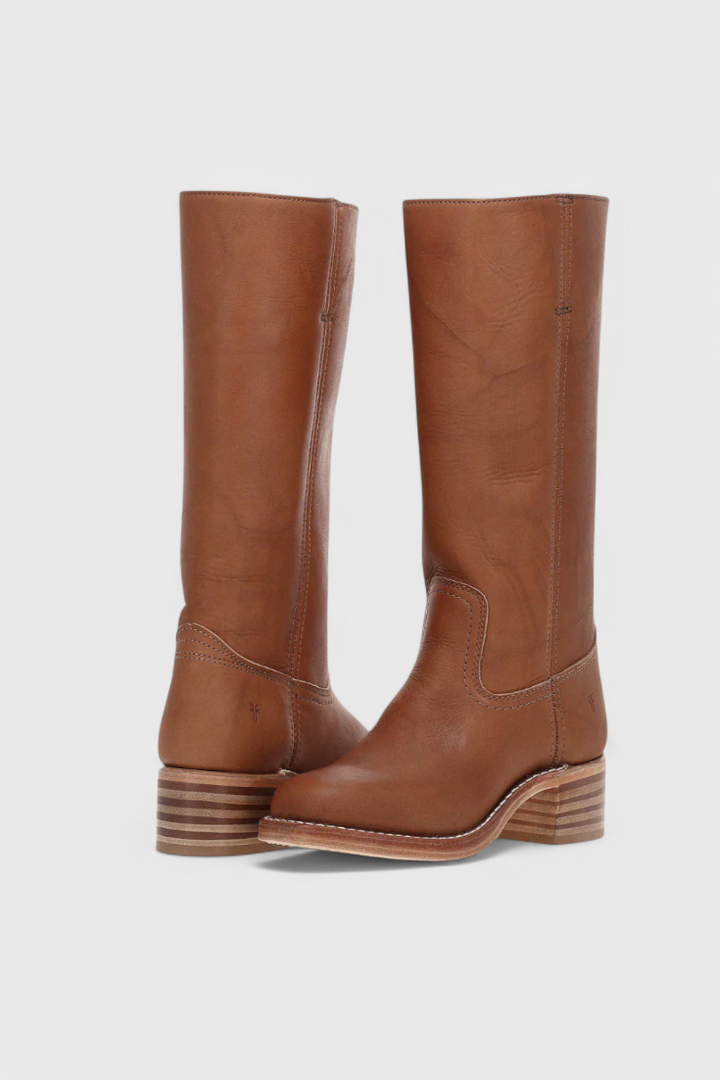Women's knee-high slip-on boots with block heel, shown in brown and black