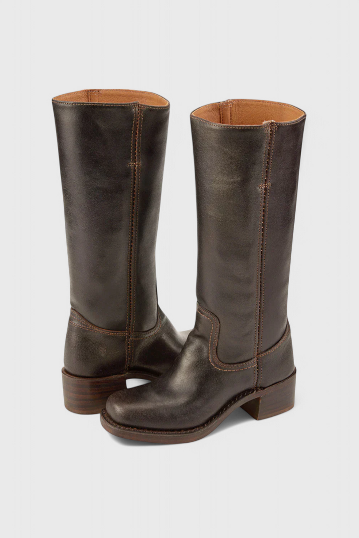 Women's knee-high slip-on boots with block heel, shown in brown and black