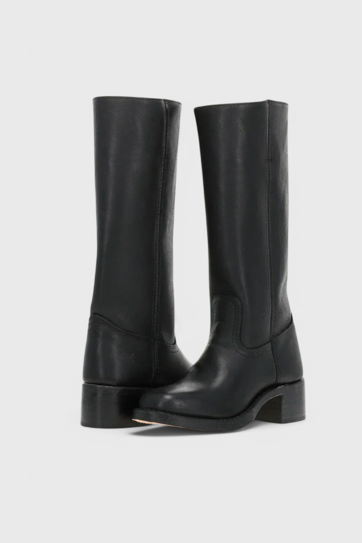 Women's knee-high slip-on boots with block heel, shown in brown and black