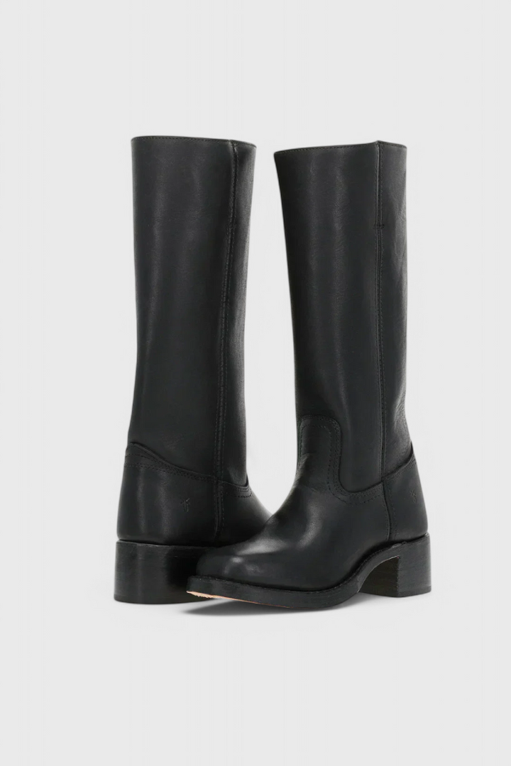 Women's knee-high slip-on boots with block heel, shown in brown and black