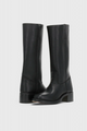 Women's knee-high slip-on boots with block heel, shown in brown and black