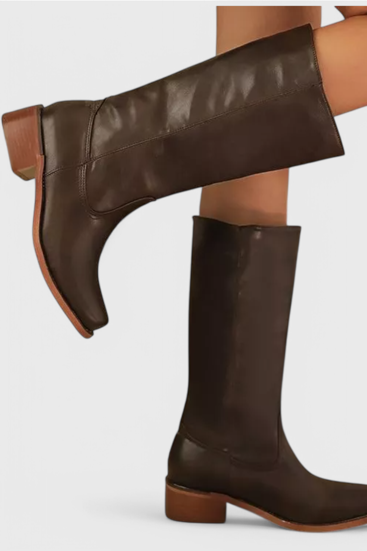 Women's knee-high slip-on boots with block heel, shown in brown and black