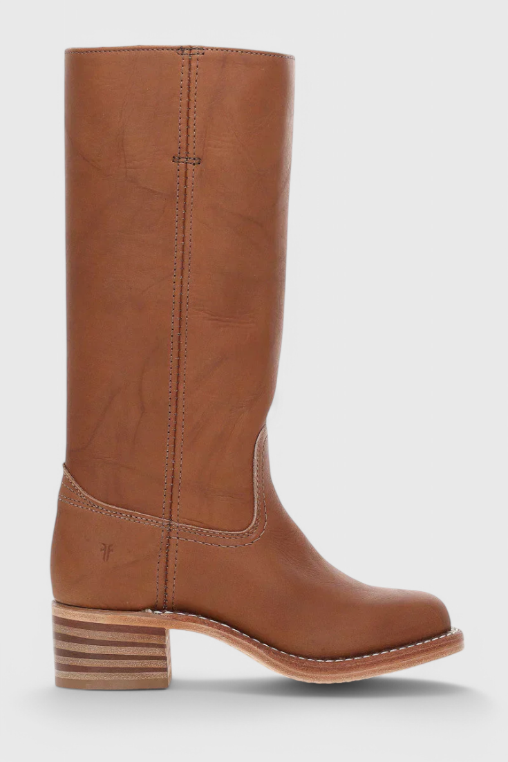 Women's knee-high slip-on boots with block heel, shown in brown and black