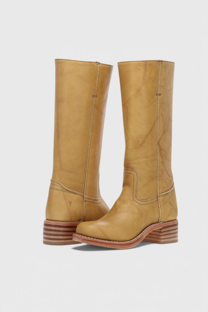 Women's knee-high slip-on boots with block heel, shown in brown and black