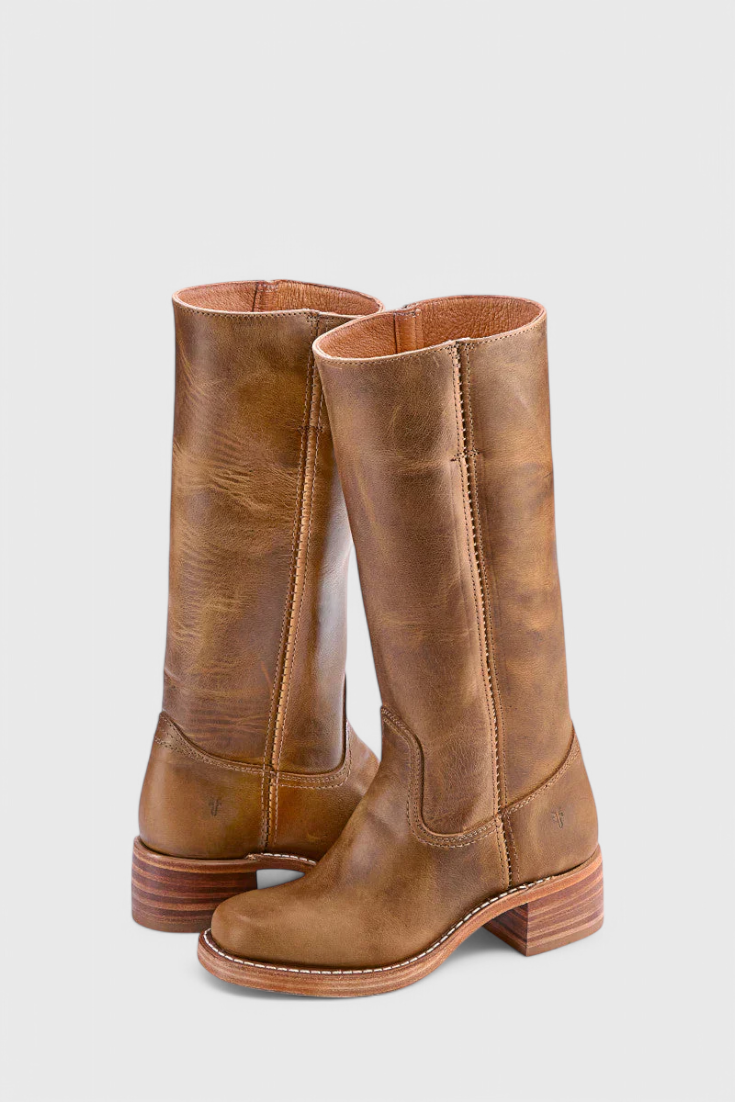 Women's knee-high slip-on boots with block heel, shown in brown and black