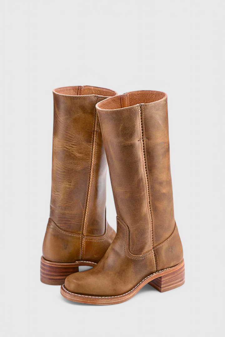 Women's knee-high slip-on boots with block heel, shown in brown and black