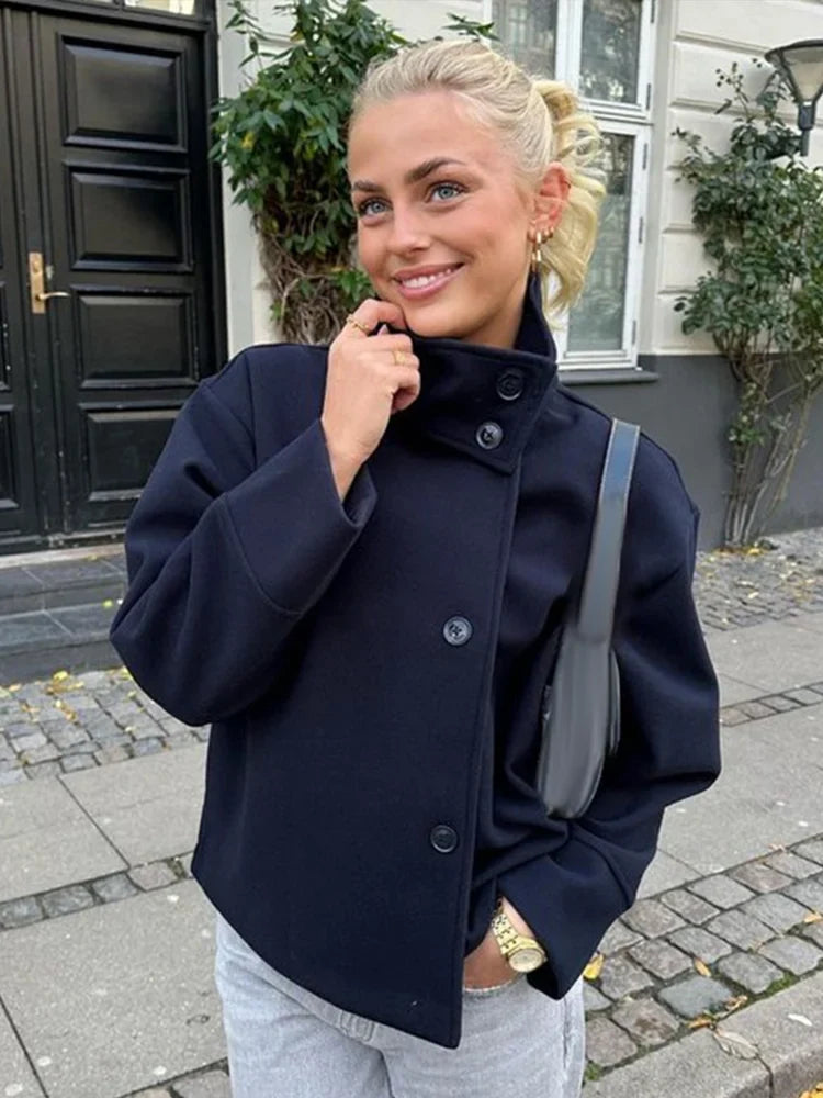 Women's double-breasted stand collar pea coat