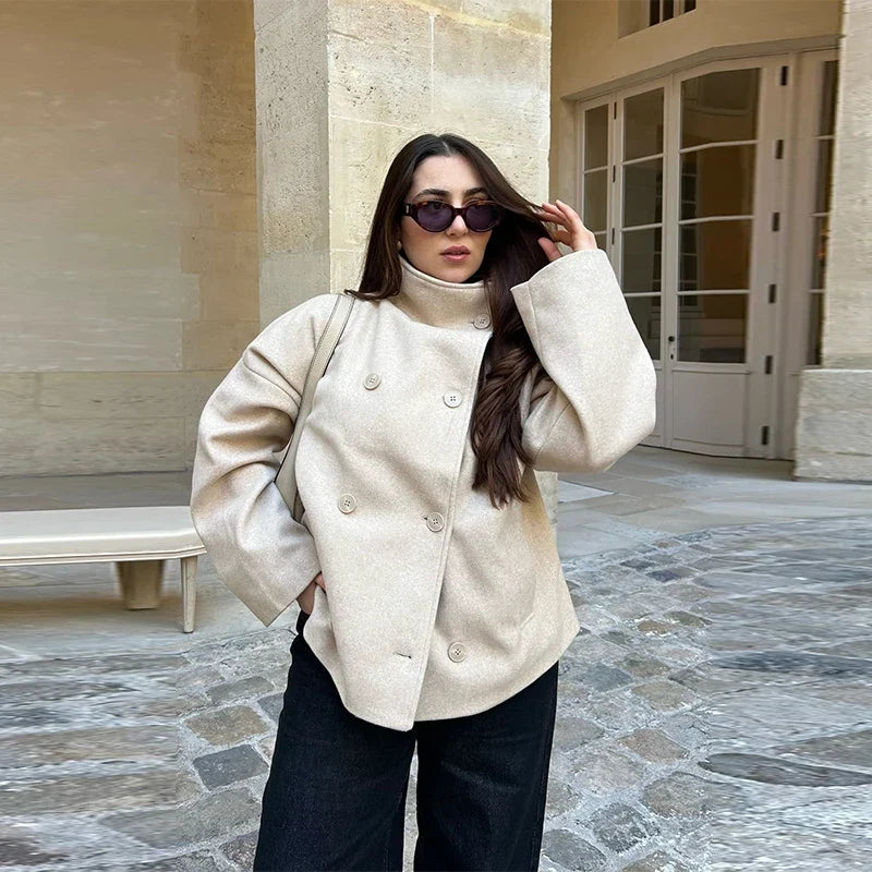 Women's double-breasted stand collar pea coat