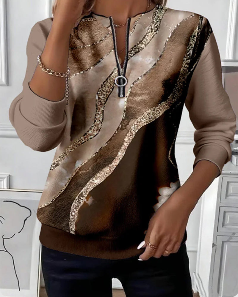 Women's multicolour abstract print half-zip sweatshirt with long sleeves