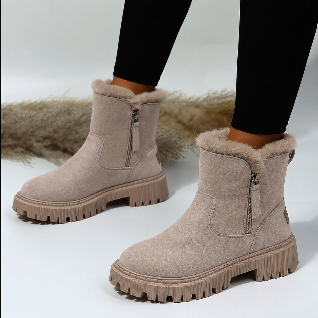 Women's fur trim ankle boots with side zips and chunky lug soles