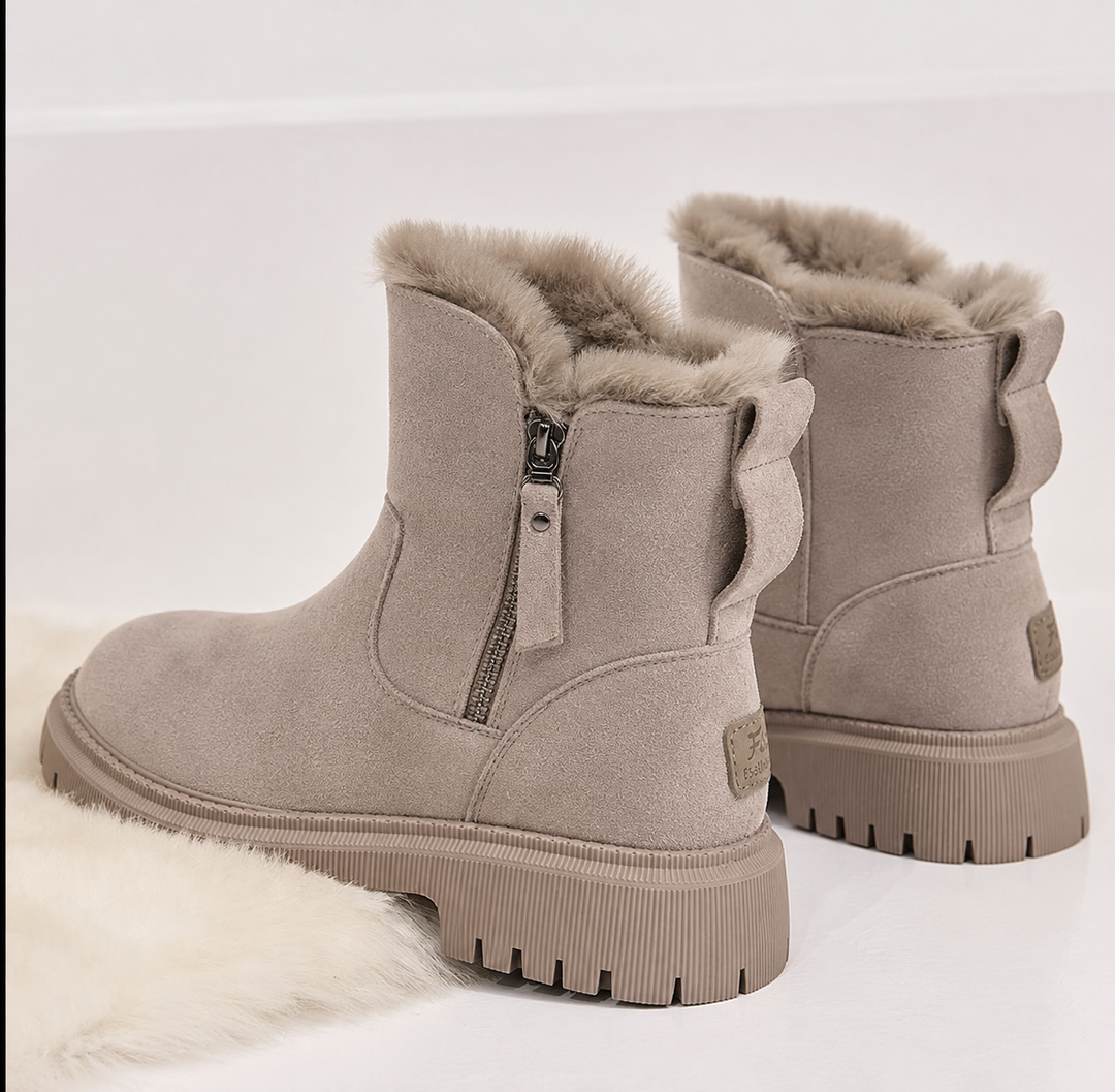 Women's fur trim ankle boots with side zips and chunky lug soles