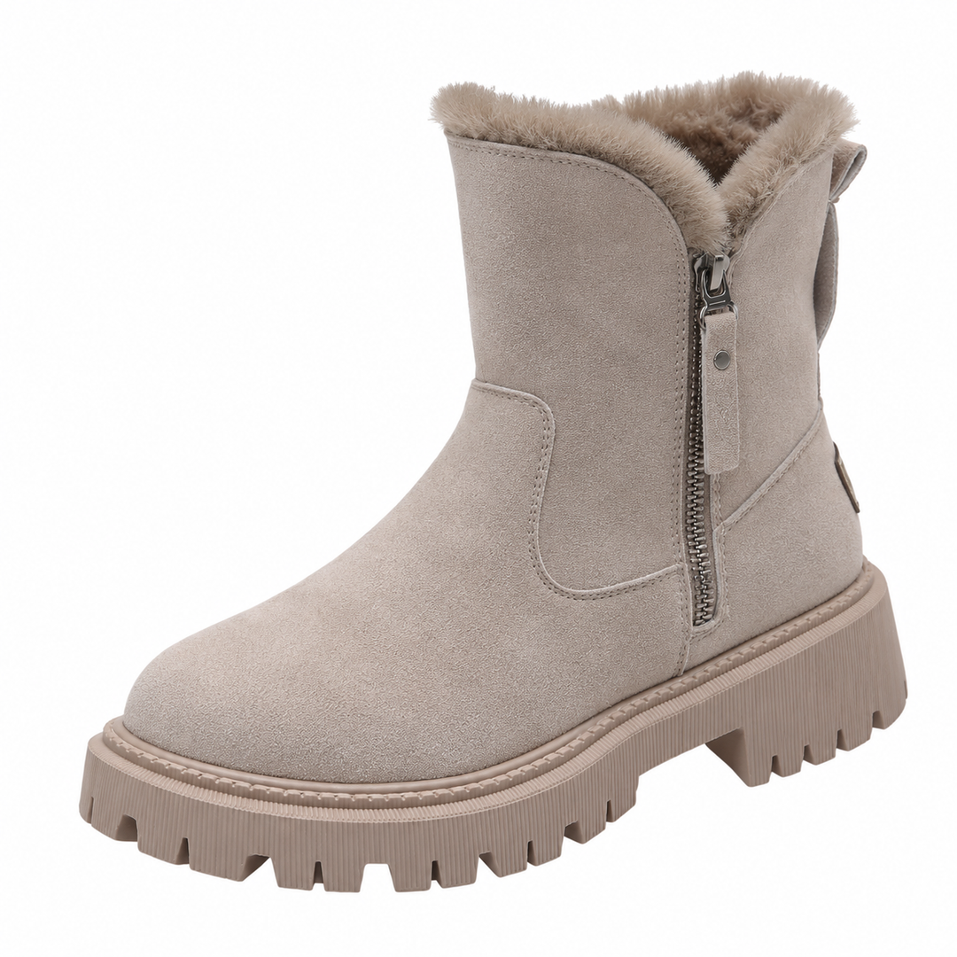 Women's fur trim ankle boots with side zips and chunky lug soles