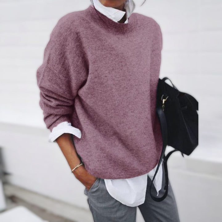 Women's plain knit jumper with crew neck and long sleeves