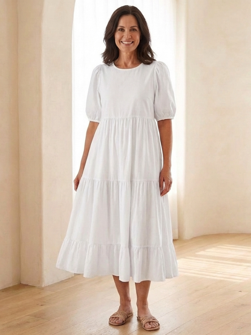 Brina | Round Neck Puff Sleeve Tiered Midi Dress for Women - Image 1
