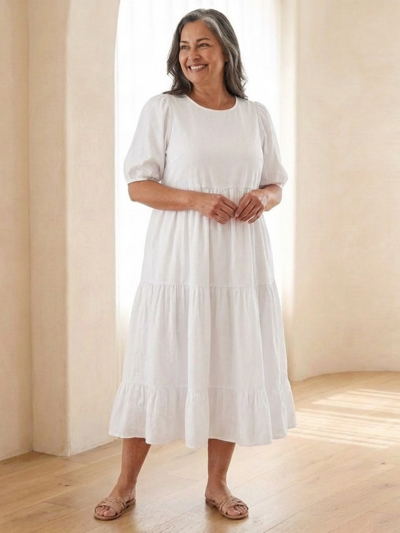 Brina | Round Neck Puff Sleeve Tiered Midi Dress for Women - Image 2