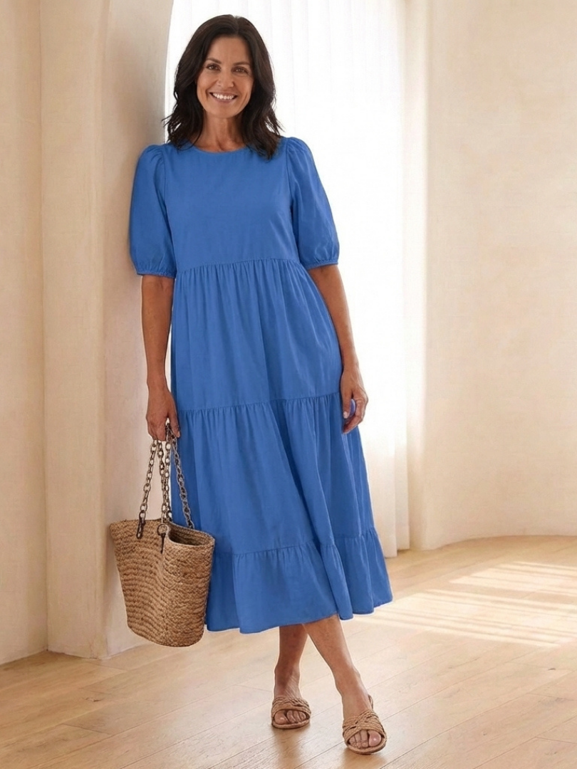 Brina | Round Neck Puff Sleeve Tiered Midi Dress for Women - Image 3