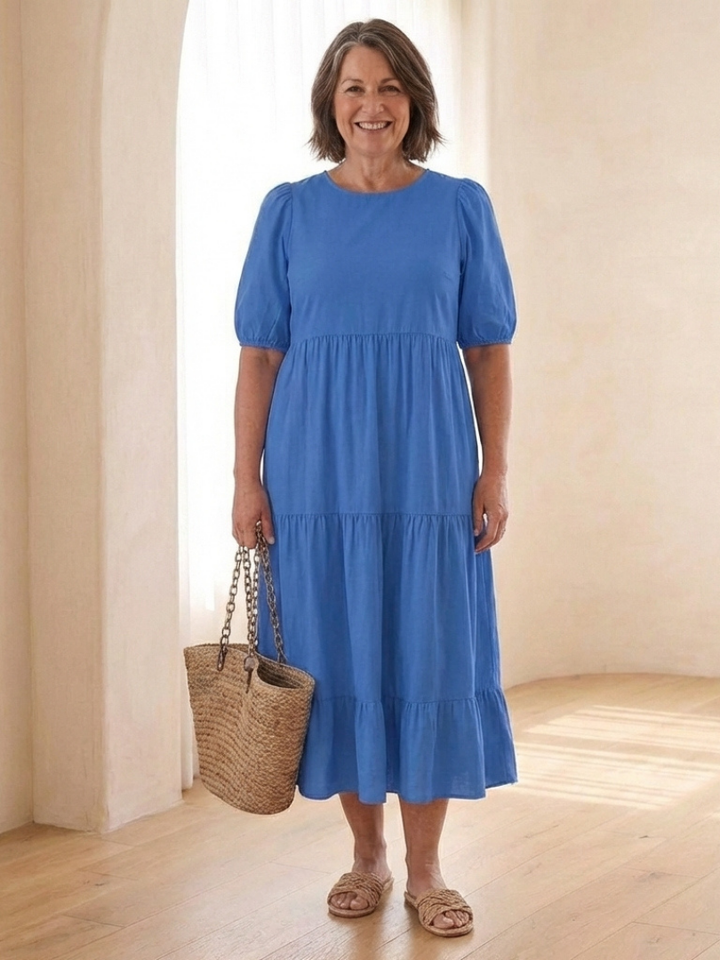 Brina | Round Neck Puff Sleeve Tiered Midi Dress for Women - Image 4