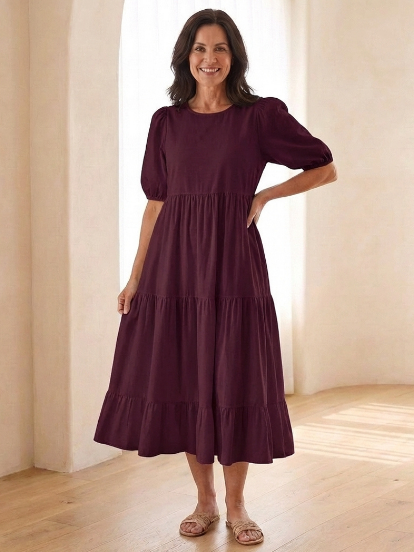 Brina | Round Neck Puff Sleeve Tiered Midi Dress for Women - Image 6