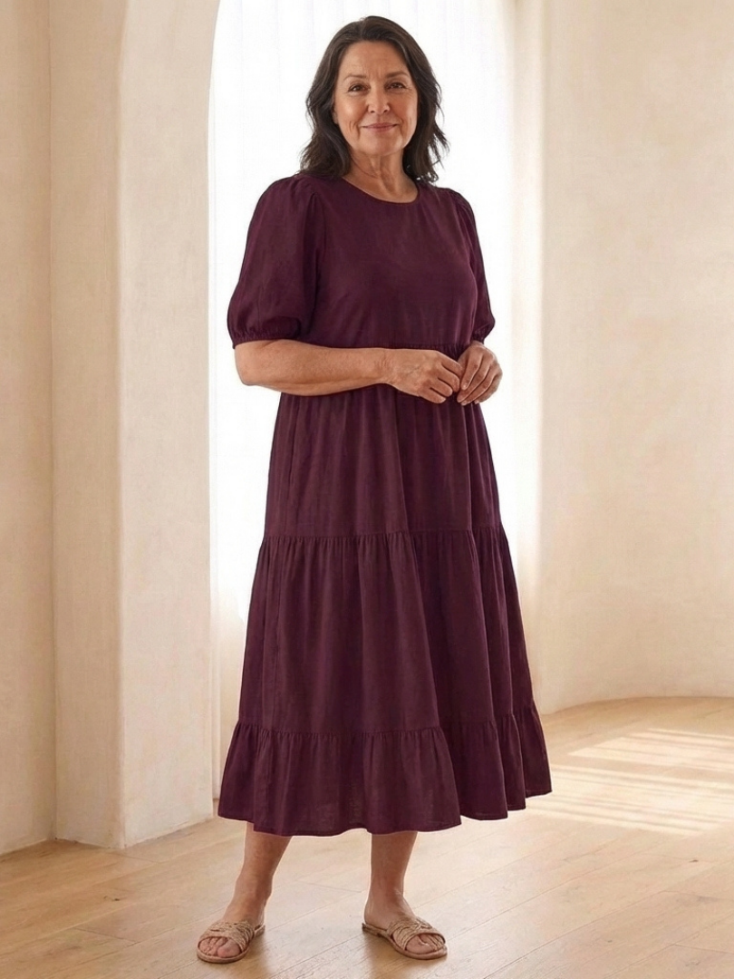 Brina | Round Neck Puff Sleeve Tiered Midi Dress for Women - Image 5