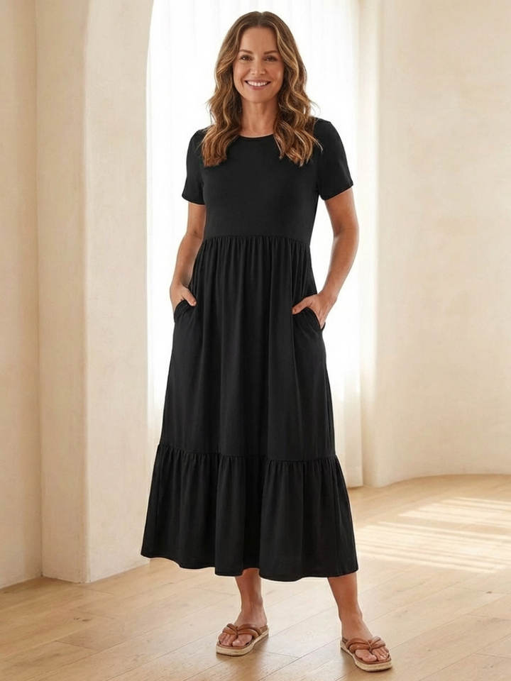 Nerissa | Round Neck Short Sleeve Tiered Midi Dress for Women - Image 1