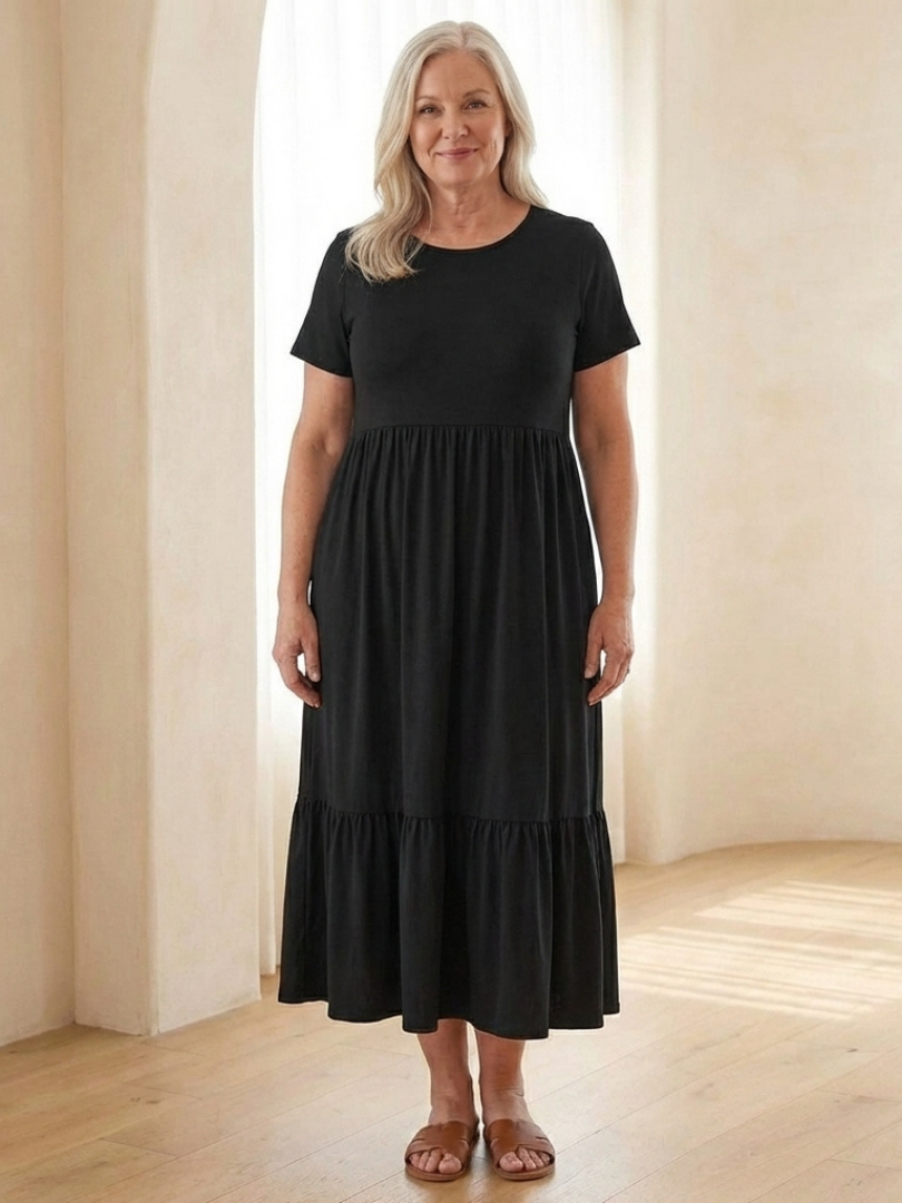 Nerissa | Round Neck Short Sleeve Tiered Midi Dress for Women - Image 2