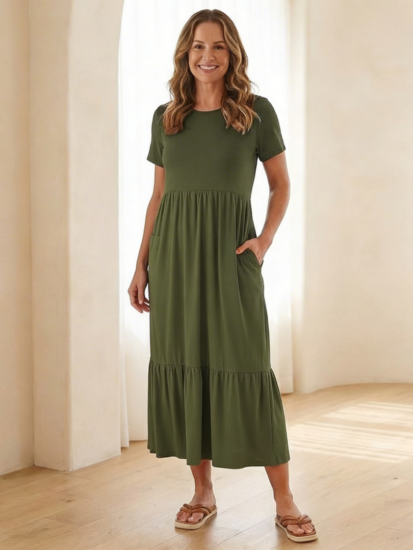 Nerissa | Round Neck Short Sleeve Tiered Midi Dress for Women - Image 5