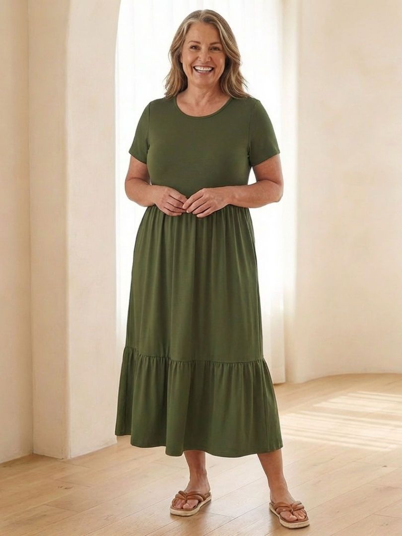 Nerissa | Round Neck Short Sleeve Tiered Midi Dress for Women - Image 6