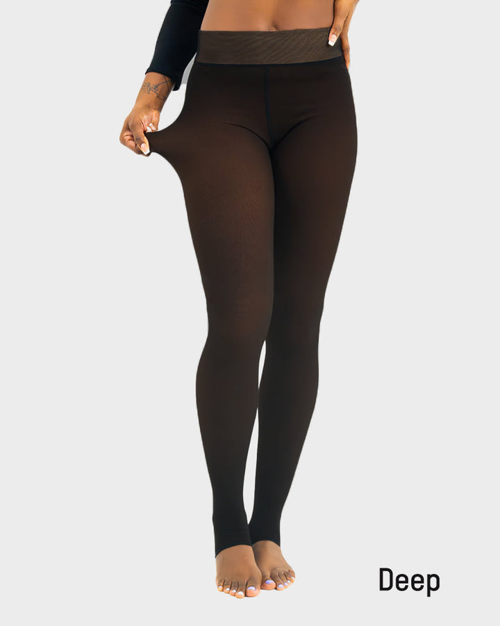 Women's translucent full-length tights styled with a white jumper
