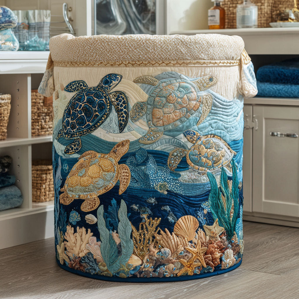 Quilted cylindrical laundry basket with sea turtle ocean design