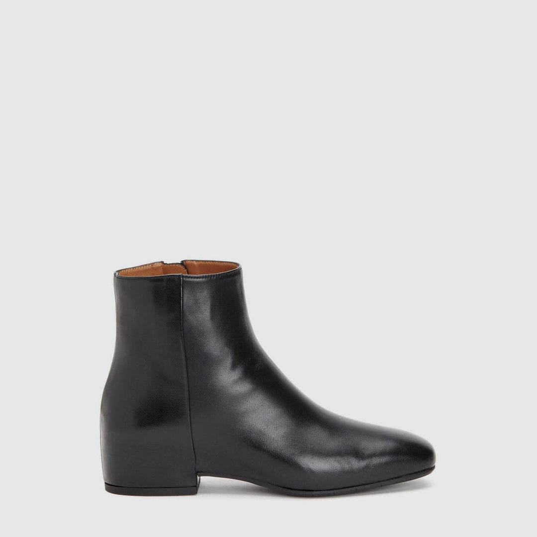 Women's black smooth ankle boot with round toe and low block heel