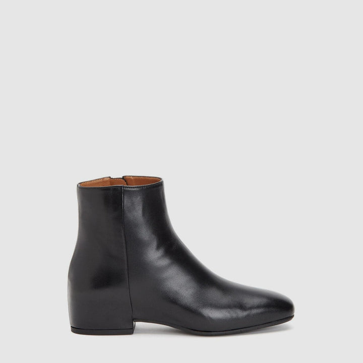 Women's black smooth ankle boot with round toe and low block heel