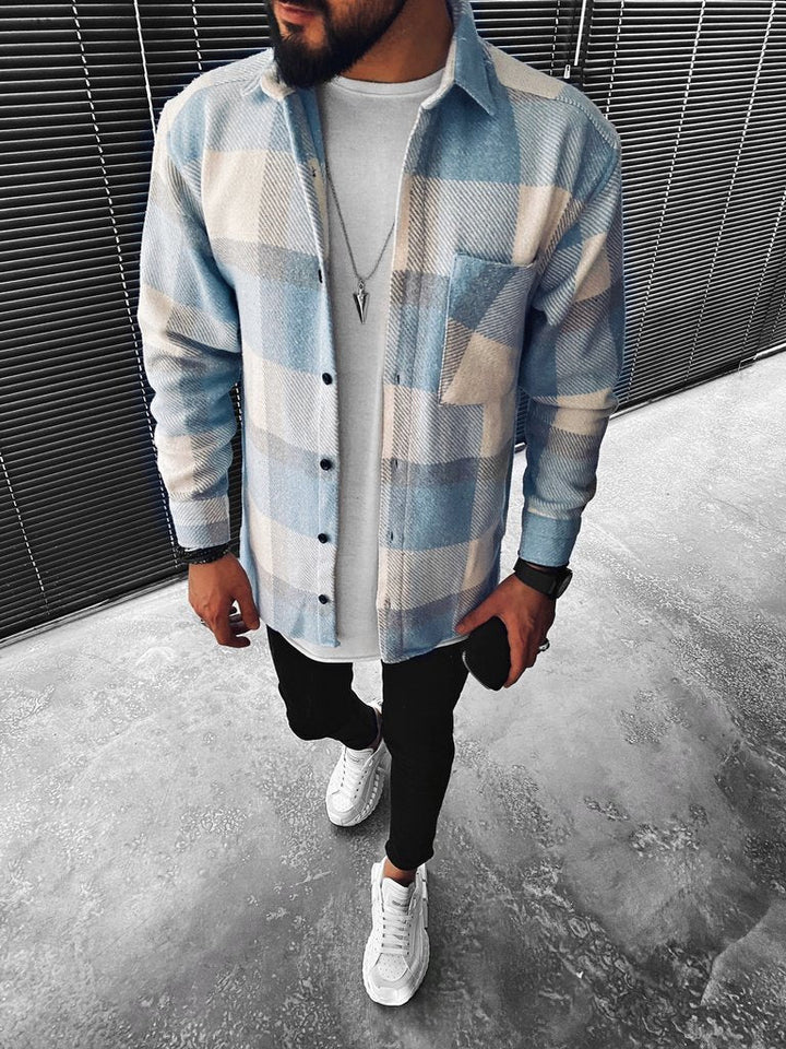 Men's blue and light neutral checked overshirt with button front and chest pocket