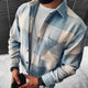 Men's blue and light neutral checked overshirt with button front and chest pocket
