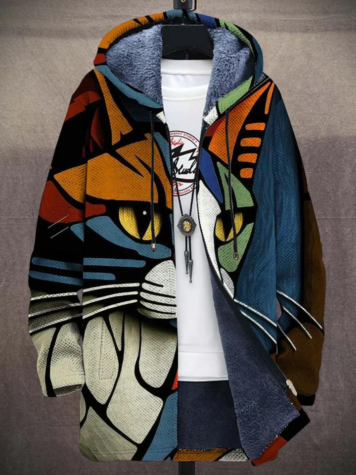 Women's hooded cardigan with colourful abstract cat and geometric art print