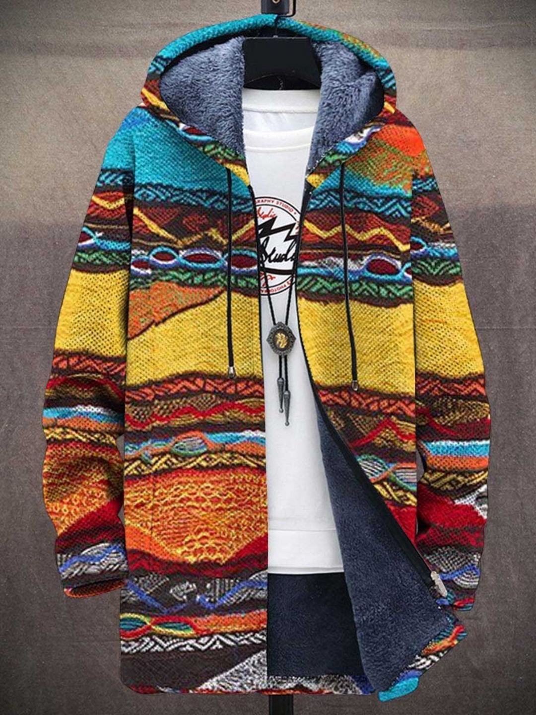 Women's hooded cardigan with colourful abstract cat and geometric art print