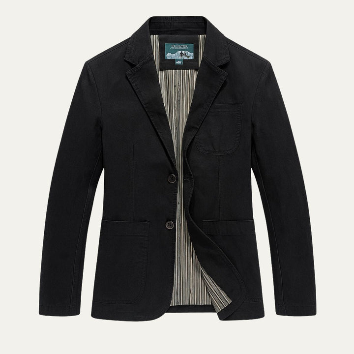 Men's blazer-style jacket with notched lapels and patch pockets
