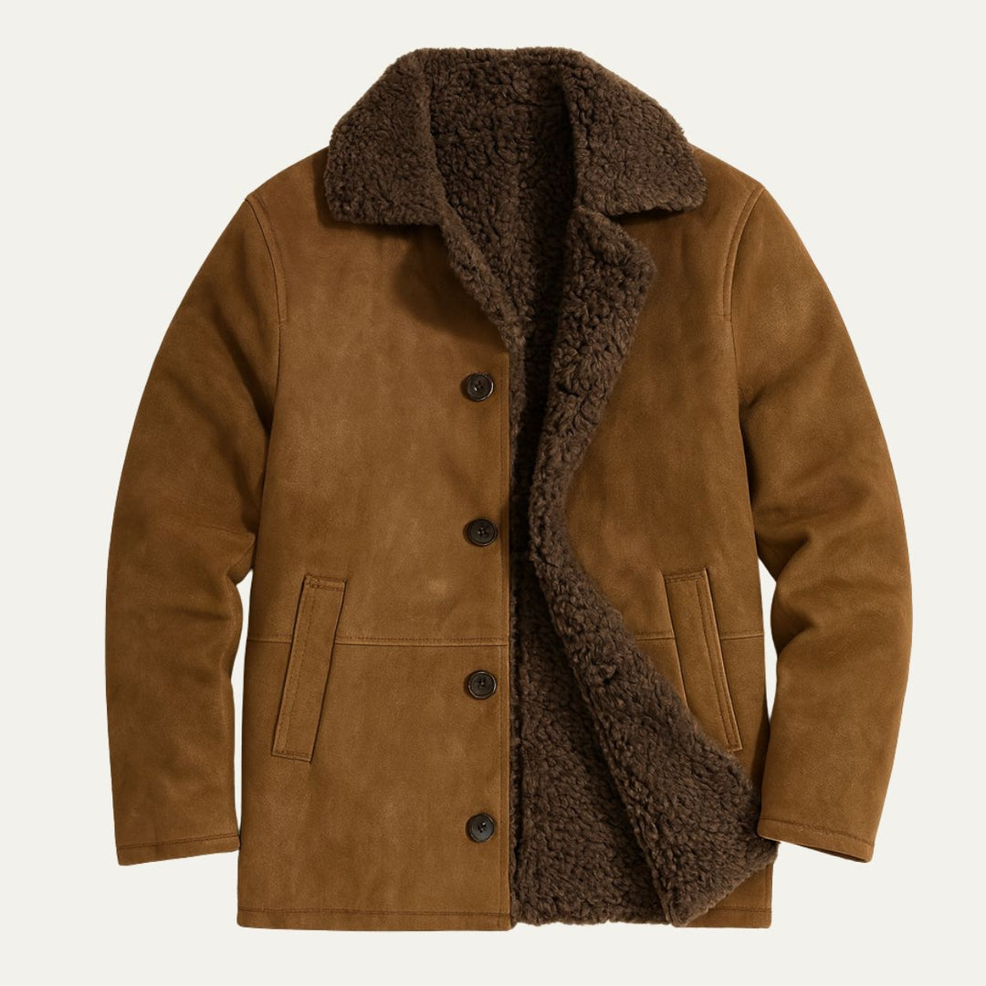 Men's mid-thigh coat with wide textured collar and button front
