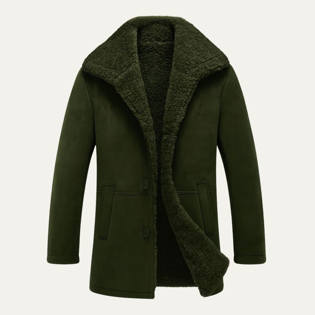 Men's mid-thigh coat with wide textured collar and button front