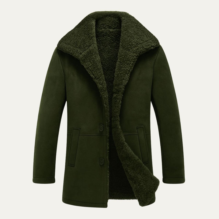 Men's mid-thigh coat with wide textured collar and button front