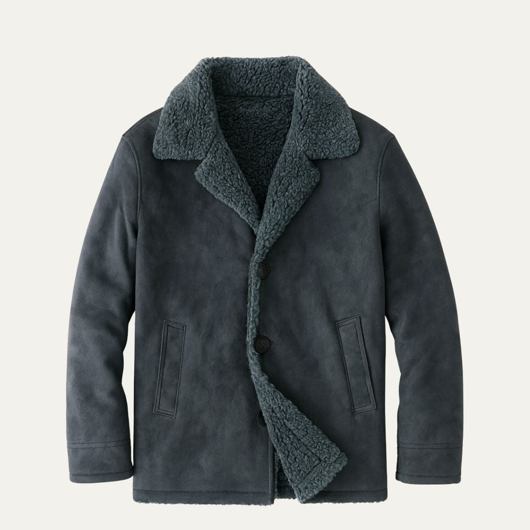 Men's mid-thigh coat with wide textured collar and button front