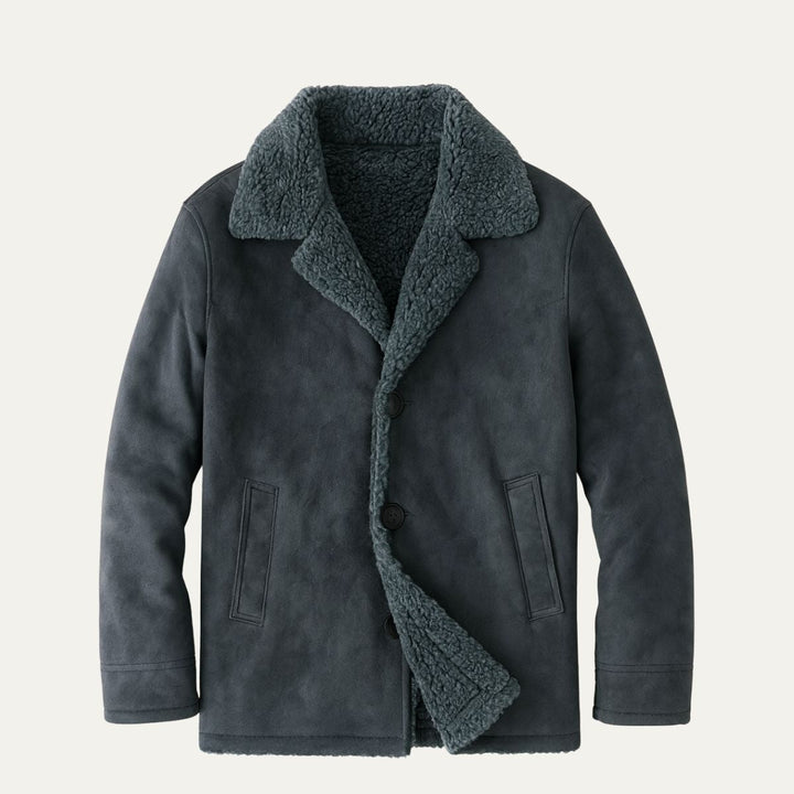 Men's mid-thigh coat with wide textured collar and button front