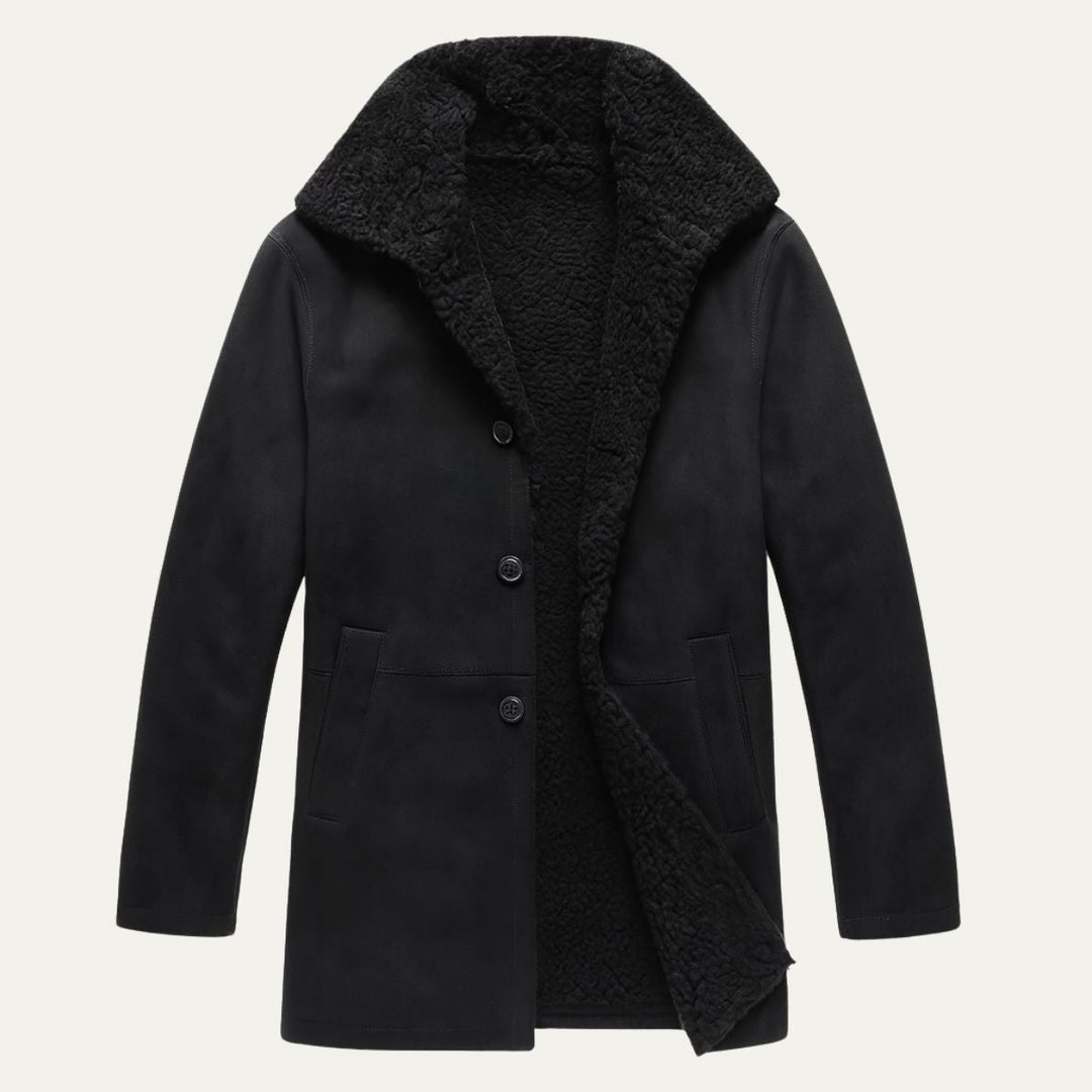 Men's mid-thigh coat with wide textured collar and button front