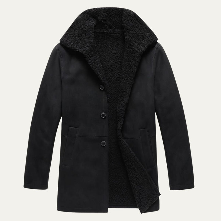 Men's mid-thigh coat with wide textured collar and button front